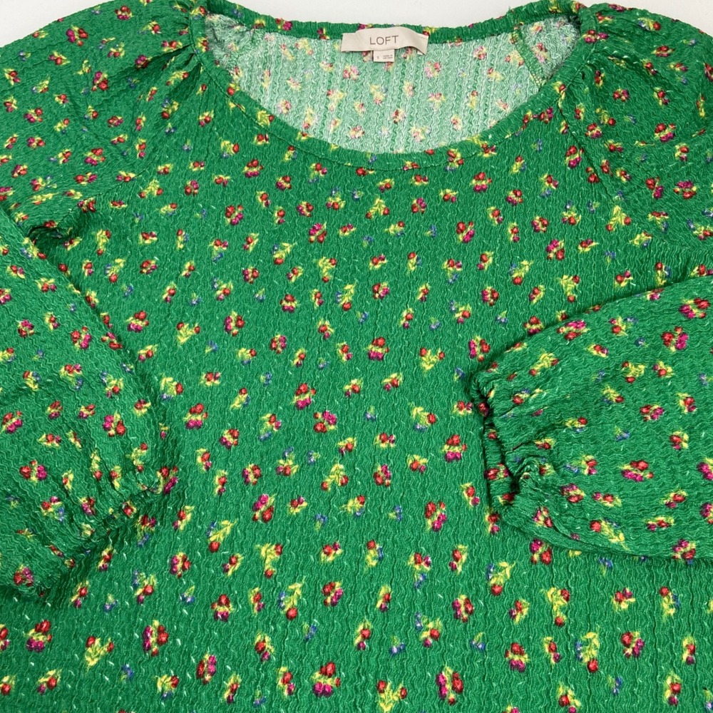LOFT Womens Top Size S Green Floral Long Sleeve Textured Blouse Career‎